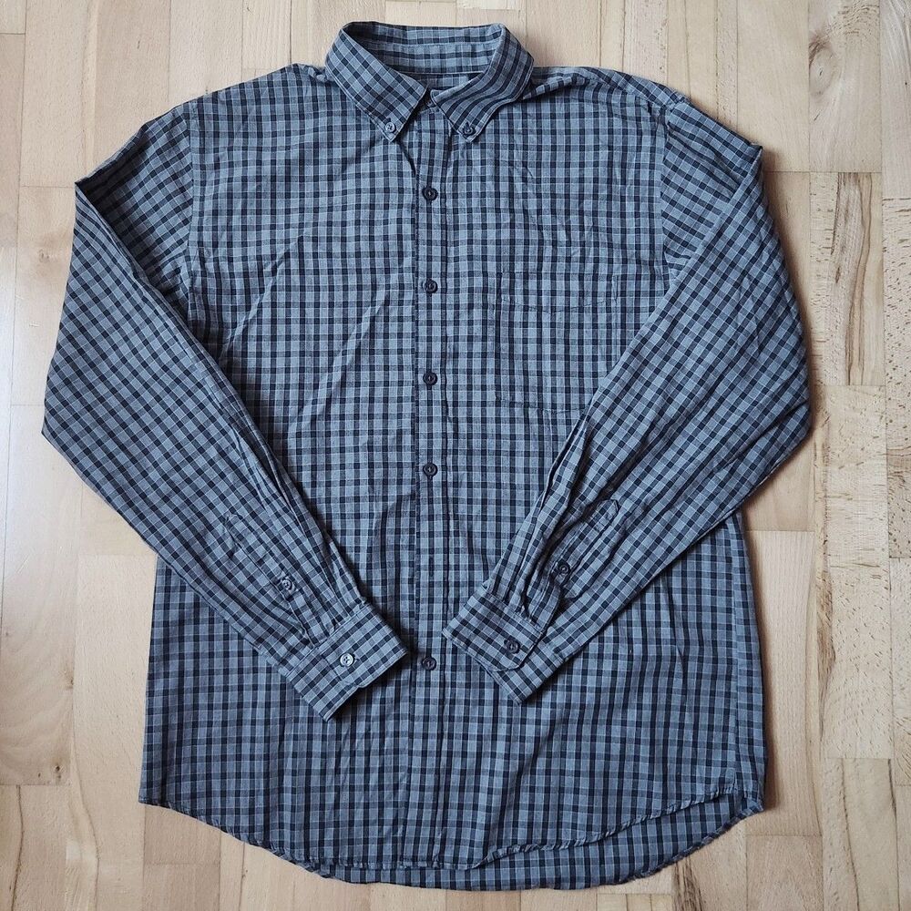 Van Heusen Mens Gray/Black Classic Fit Plaid Button Down, Size: (Medium 15-15.5)